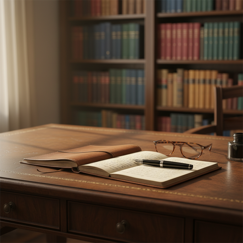 A refined writing desk scene representing the sophisticated novelist’s world, featuring an antique dark walnut desk with a slim, open leather-bound notebook at its center, filled with faint, illegible markings. A sleek black fountain pen rests diagonally across the page beside a pair of delicate tortoiseshell reading glasses. In the background, out of focus, tall bookshelves lined with hardcovers in muted jewel tones hint at a portfolio of novels. Soft afternoon light filters through an unseen window, casting gentle, elongated shadows and a warm, intelligent glow. Photographic realism, shot at eye level with a shallow depth of field, emphasizing the notebook and pen as the heart of the composition, evoking a calm, contemplative, and sophisticated literary atmosphere for the author’s homepage hero image.