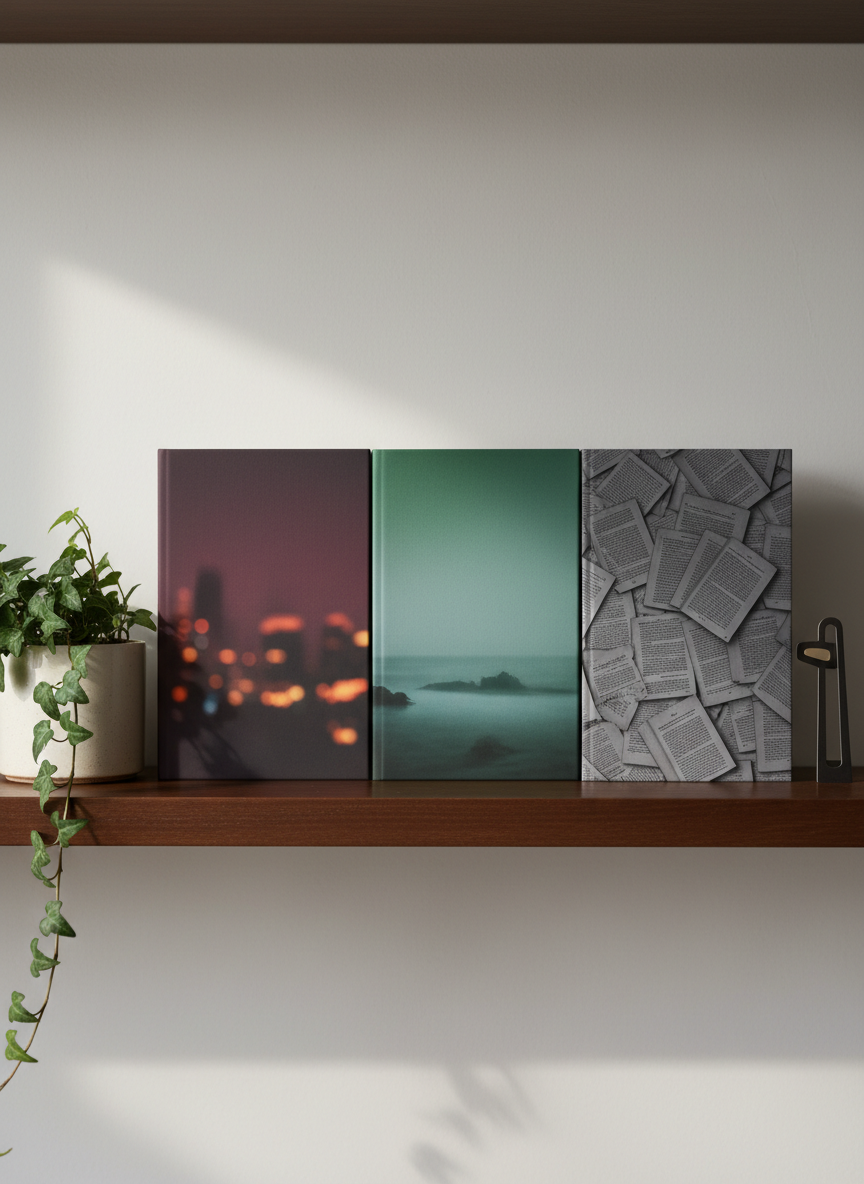 A polished novel showcase arrangement on a minimalist dark wood shelf, featuring three upright, blank hardcover books with matte dust jackets in deep burgundy, forest green, and charcoal gray, suggesting different titles in the portfolio. Each “novel” has a subtle, abstract photographic cover motif—softly blurred city lights, a misty shoreline, and an intricate pattern of overlapping pages—without any readable text. A trailing ivy plant in a simple ceramic pot and a small, sculptural metal bookmark add texture. Soft, diffused daylight from the left creates gentle highlights on the matte covers and faint reflections on the shelf. Photographic realism, shot straight on with sharp focus, clean lines, and a serene, curated, sophisticated mood for a novels or books gallery section.