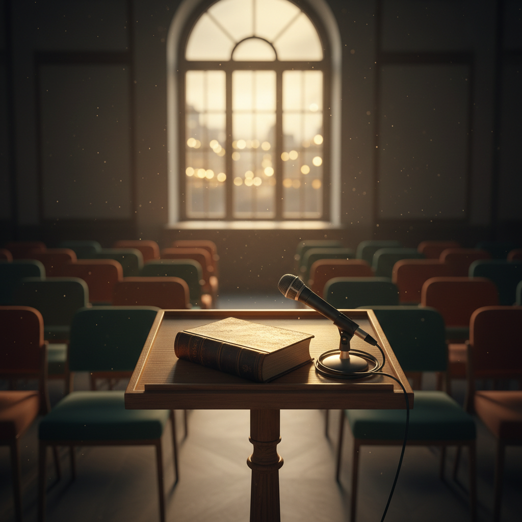 An evocative scene representing upcoming literary events, set in a quiet, elegant reading venue. A small podium with a closed, leather-bound book and a slim condenser microphone (unplugged, symbolic only) stands before neat rows of empty upholstered chairs in rich, muted tones. At the back, a tall arched window reveals a softly blurred city evening, with distant warm lights. Golden hour light streams in, catching dust motes in the air and tracing a halo along the podium’s edges. Photographic realism, captured from a low, slightly off-center angle, with the podium in crisp focus and the chairs receding into gentle blur. The mood is anticipatory, sophisticated, and intimate, perfect for an “Upcoming Readings & Events” page header.