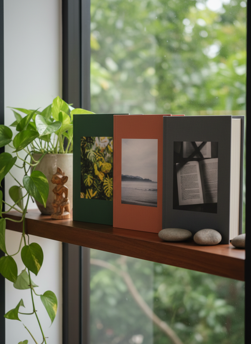A polished novel showcase arrangement on a minimalist dark wood shelf with a tropical ambiance. Three upright hardcover books with matte dust jackets in deep jungle green, earthy terracotta, and charcoal gray suggest different titles. Each book has an abstract photographic cover motif — softly blurred tropical leaves, a misty Philippine shoreline, and overlapping pages — without any readable text. A trailing pothos plant in a ceramic pot, a small carved wooden figurine with Southeast Asian style, and a few smooth river stones add texture. Soft diffused natural light from the left creates gentle highlights. Photographic realism, clean lines, sophisticated and serene mood.